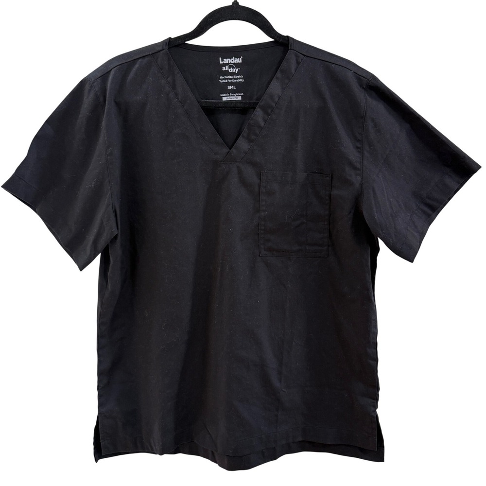 Landau All Day Black V-Neck Scrub Top Unisex Small 4139 Mechanical Stretch SML